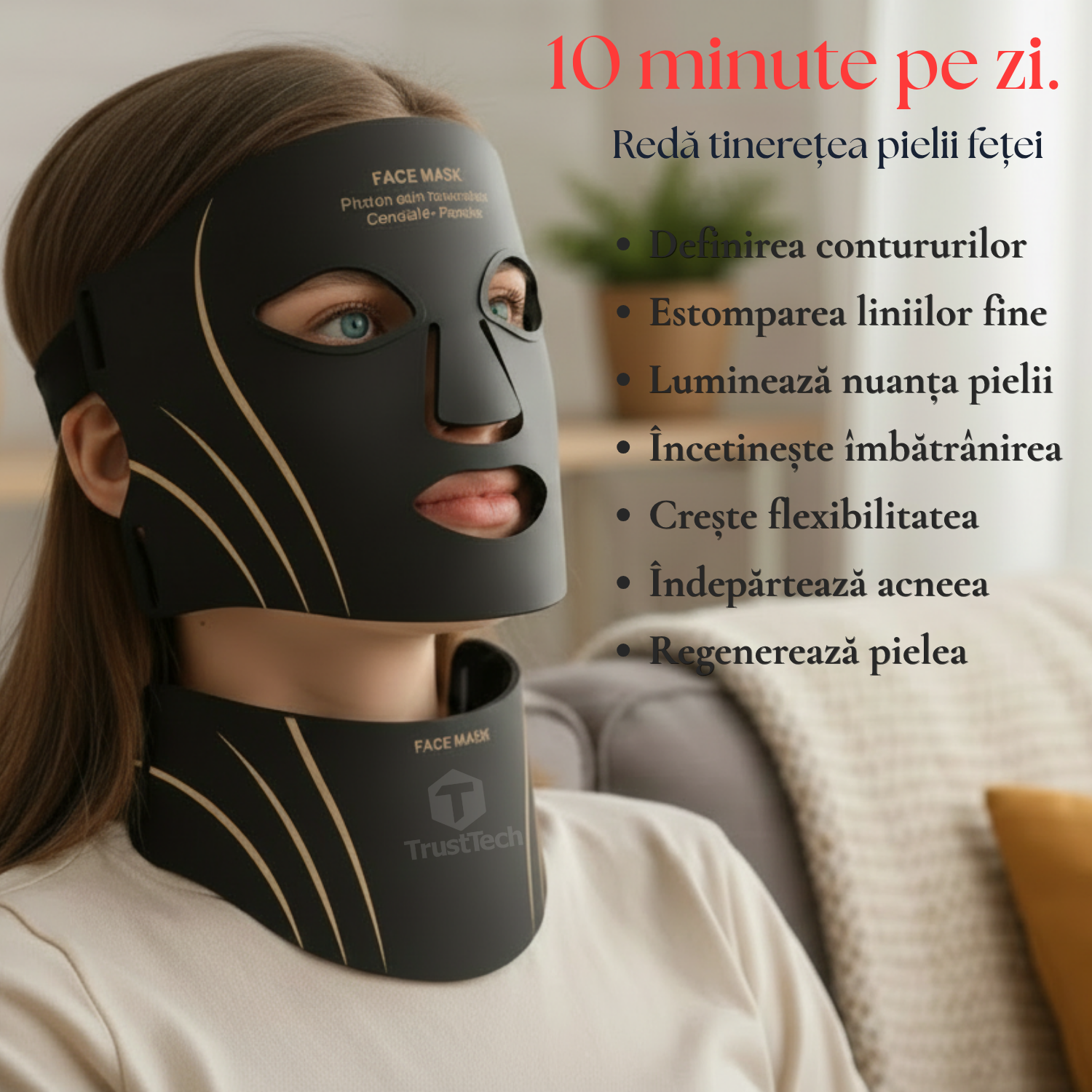 Masca faciala LED fotonica 7 culori pentru fata si gat incarcator TrustTech Inclus