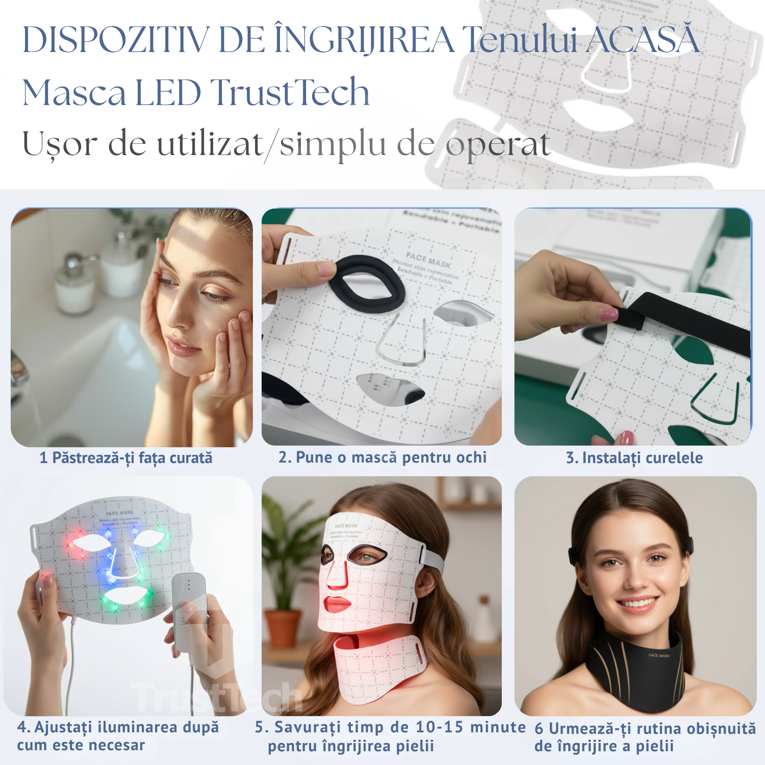Masca faciala LED fotonica 7 culori pentru fata si gat incarcator TrustTech Inclus