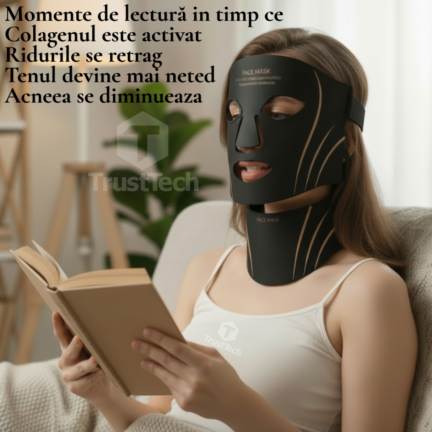 Masca faciala LED fotonica 7 culori pentru fata si gat incarcator TrustTech Inclus