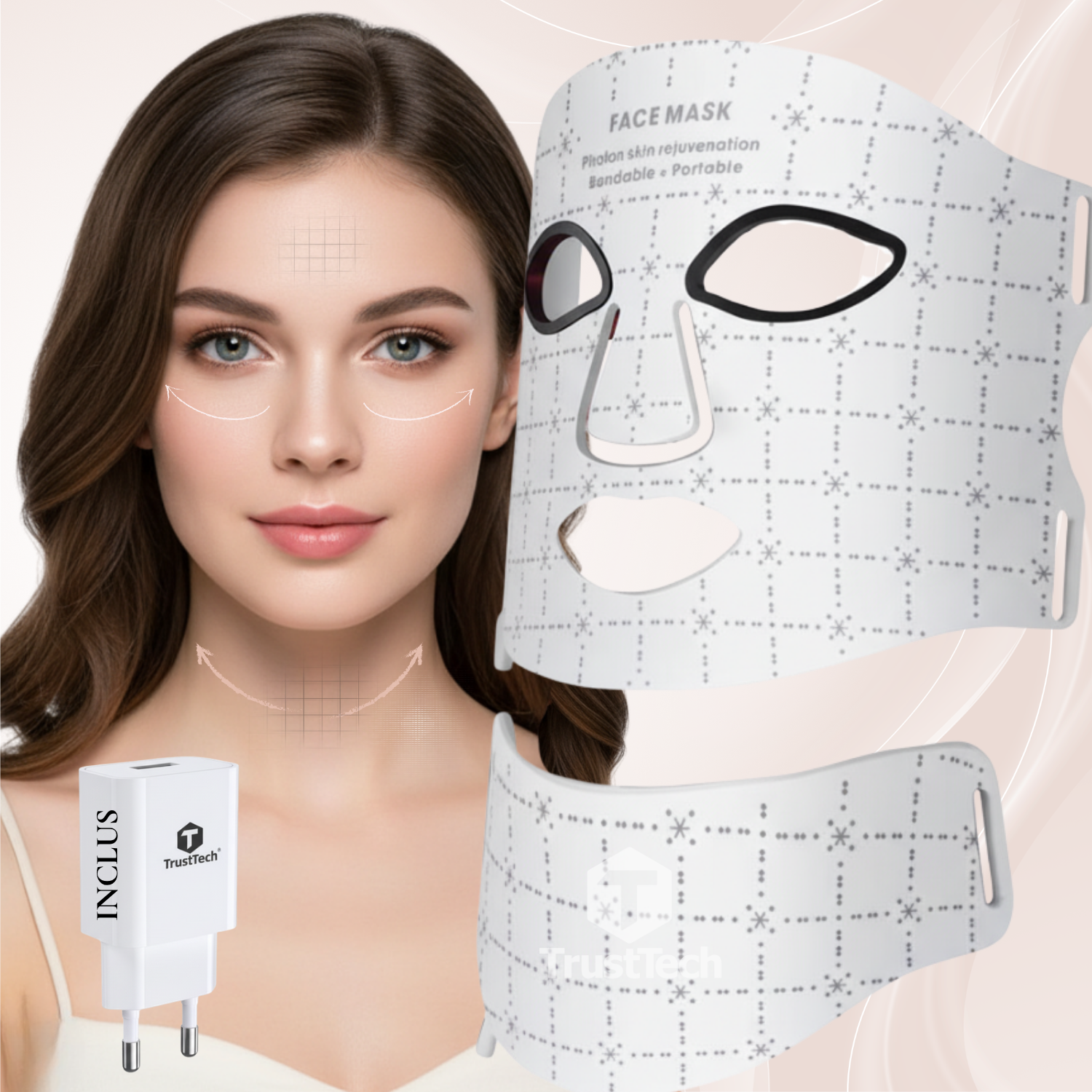 Masca faciala LED fotonica 7 culori pentru fata si gat incarcator TrustTech Inclus