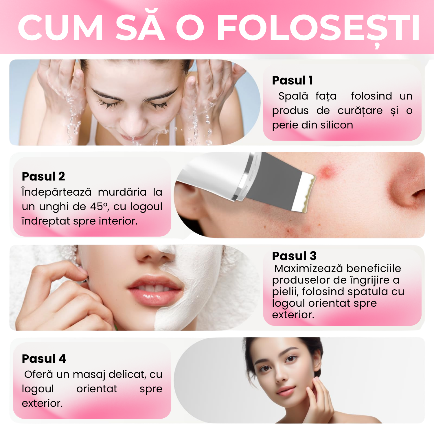 Scrubber Curatat piele Ultrasonic 4-in-1 TrustTech cu ionizare si EMS– Spatula Profesionala pentru Curatare Faciala