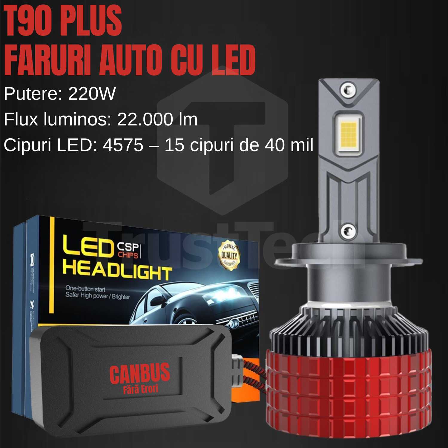 Bec LED Far Auto TrustTech T90 Plus H7, 220W, 22000 lm, 6000K, Canbus, 12V, Racire Avansata cu ventilator Silentios Fabricat din Aliminiu de avion de inalta calitate