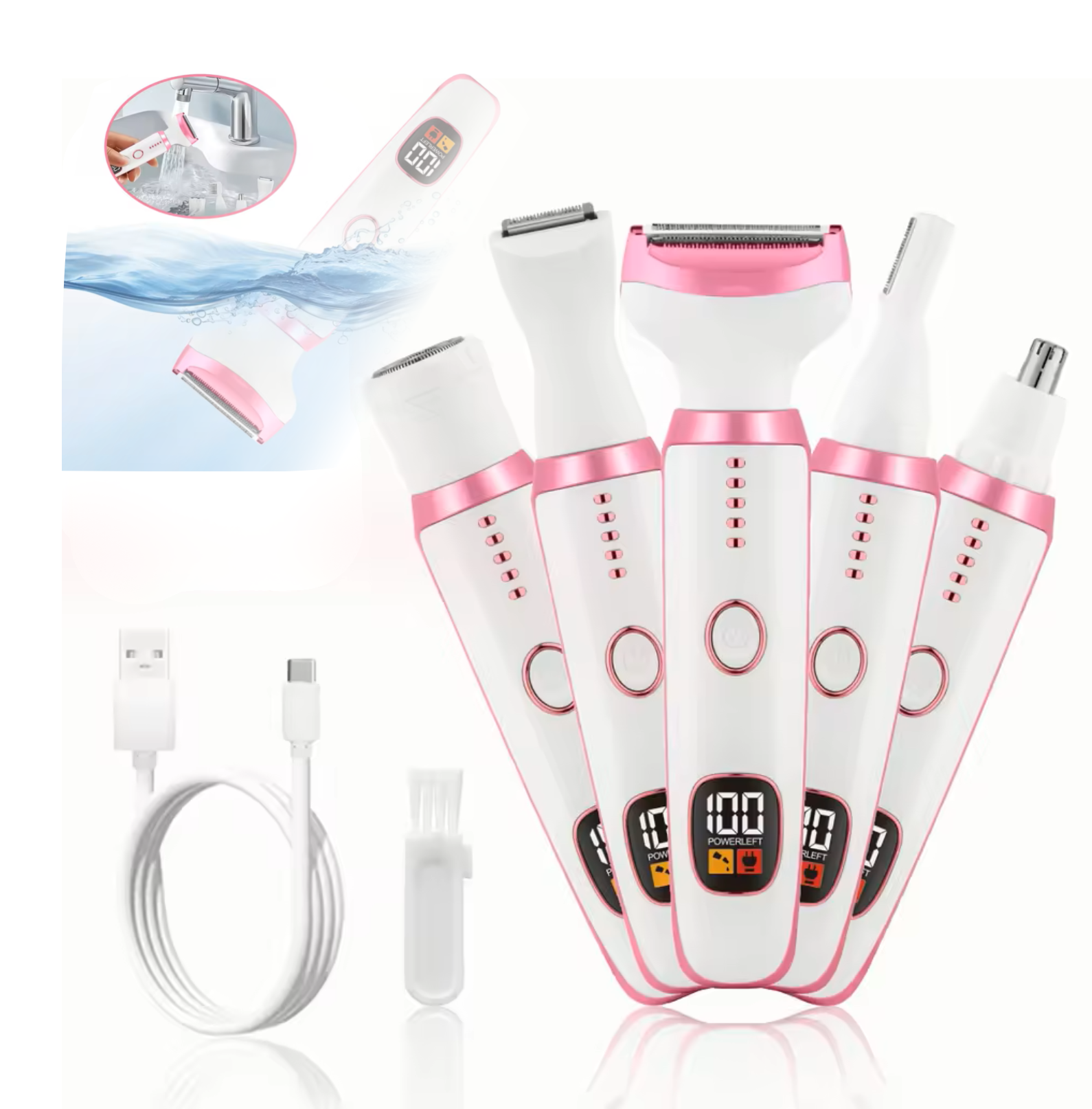 Aparat de ras electric femei TrustTech 5 in 1, IPX7, reincarcabil USB Type-C, Wet & Dry