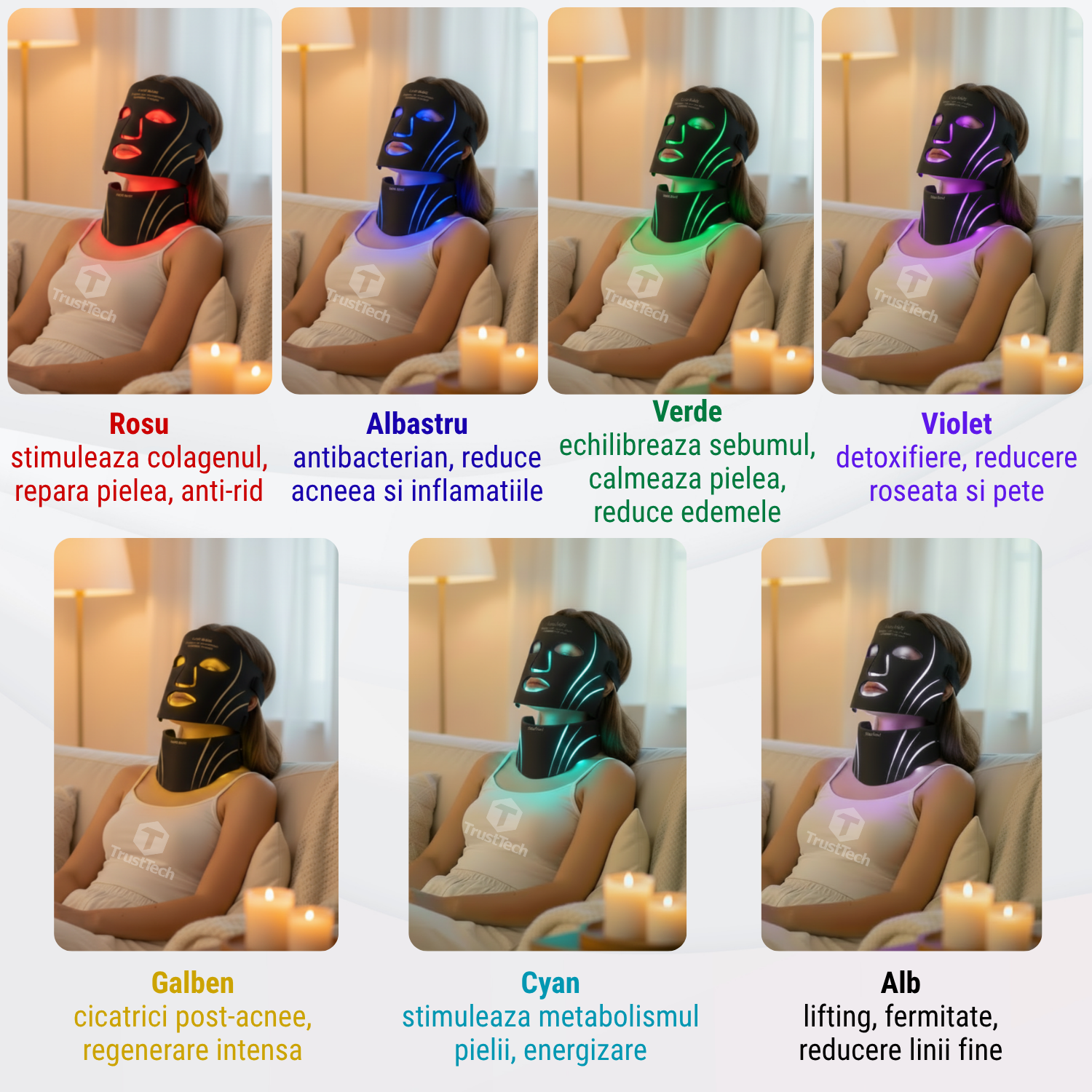 Masca faciala LED fotonica 7 culori pentru fata si gat incarcator TrustTech Inclus