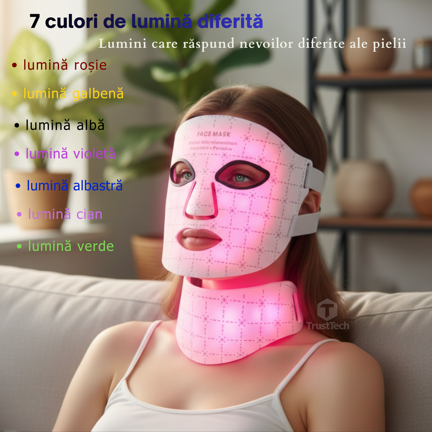 Masca faciala LED fotonica 7 culori pentru fata si gat incarcator TrustTech Inclus