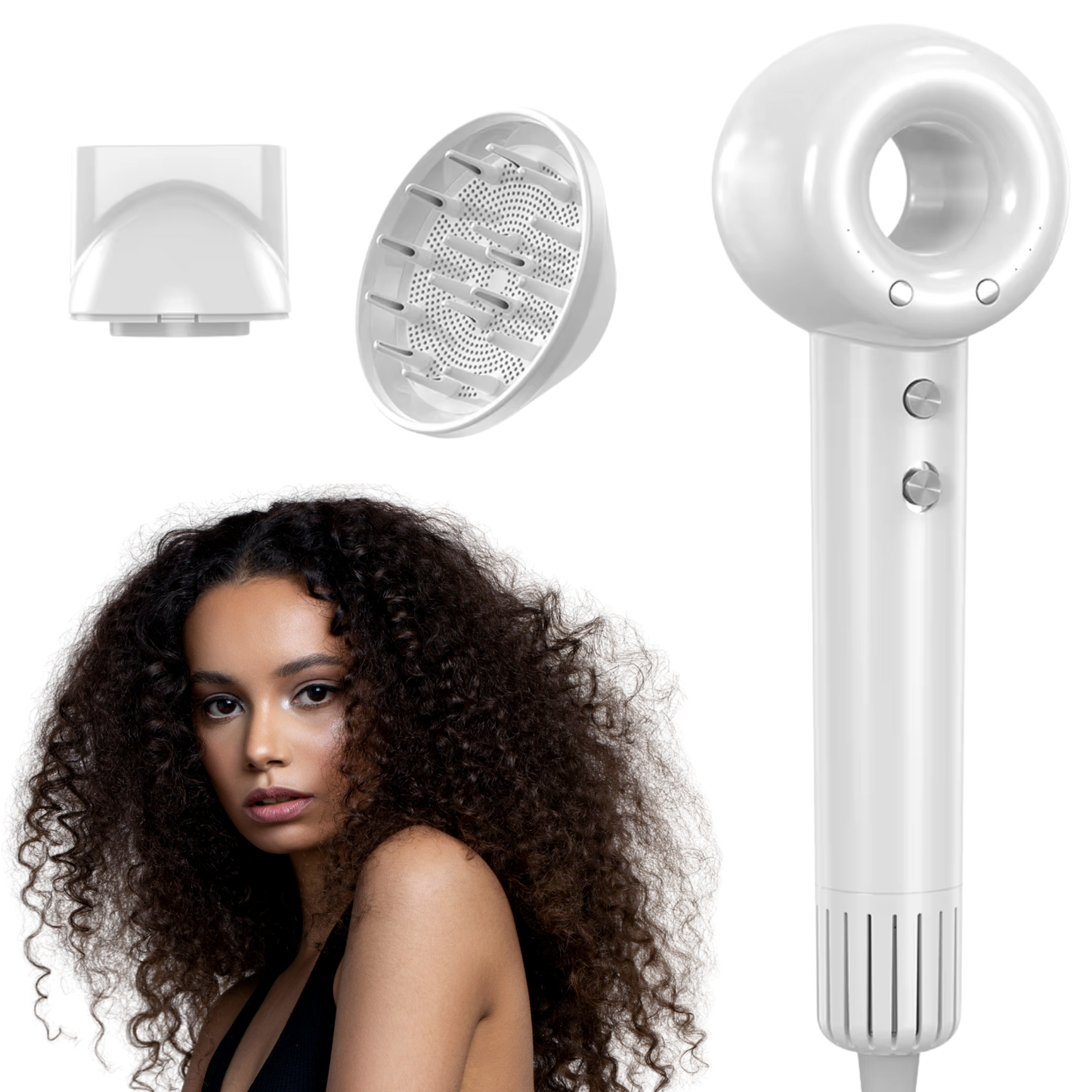 Uscator de par profesional TrustTech Leafless cu tehnologie ionica, 1400W, motor 110.000 rpm, difuzor si concentrator, pentru par cret si ondulat