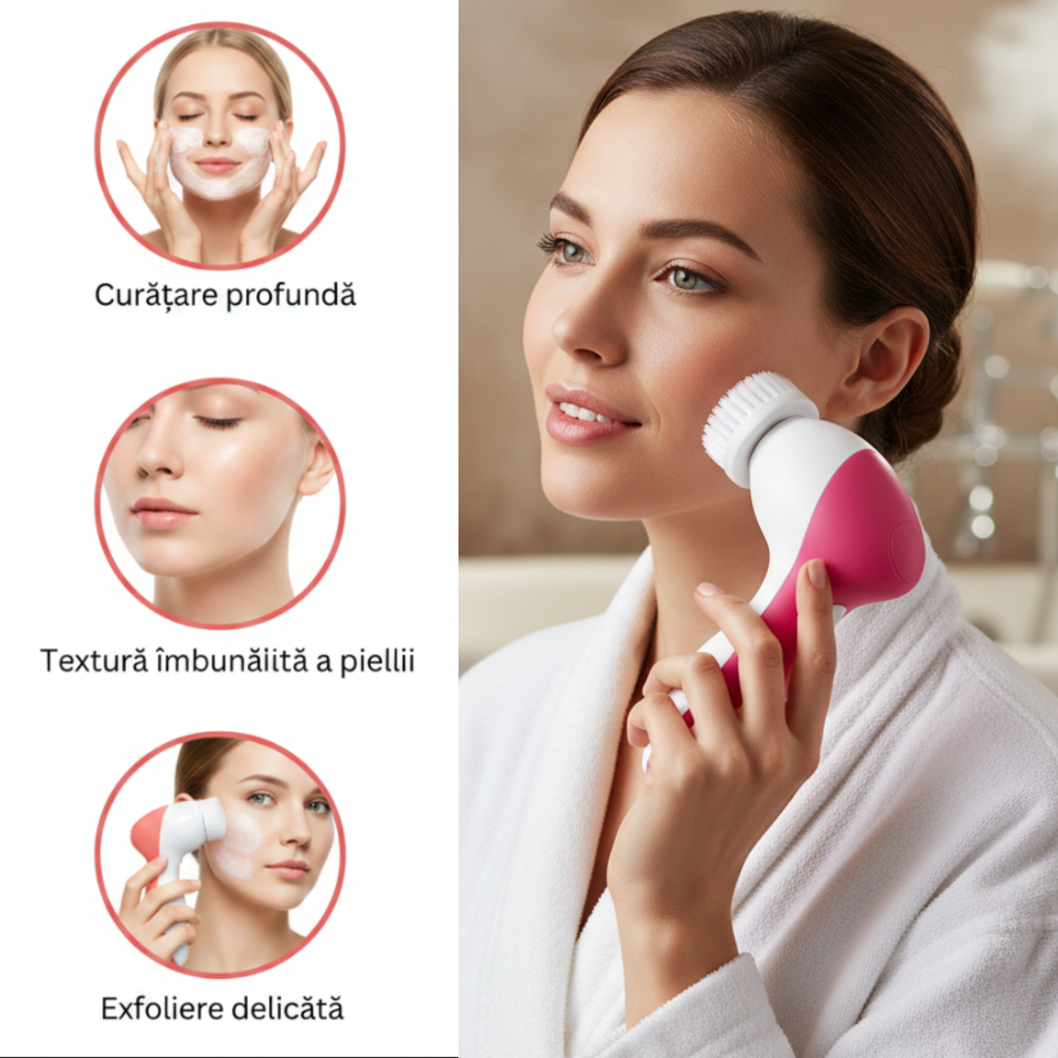 Perie electrica faciala 5-in-1 TrustTech cu 5 capete interschimbabile, pentru curatare profunda, demachiere si masaj