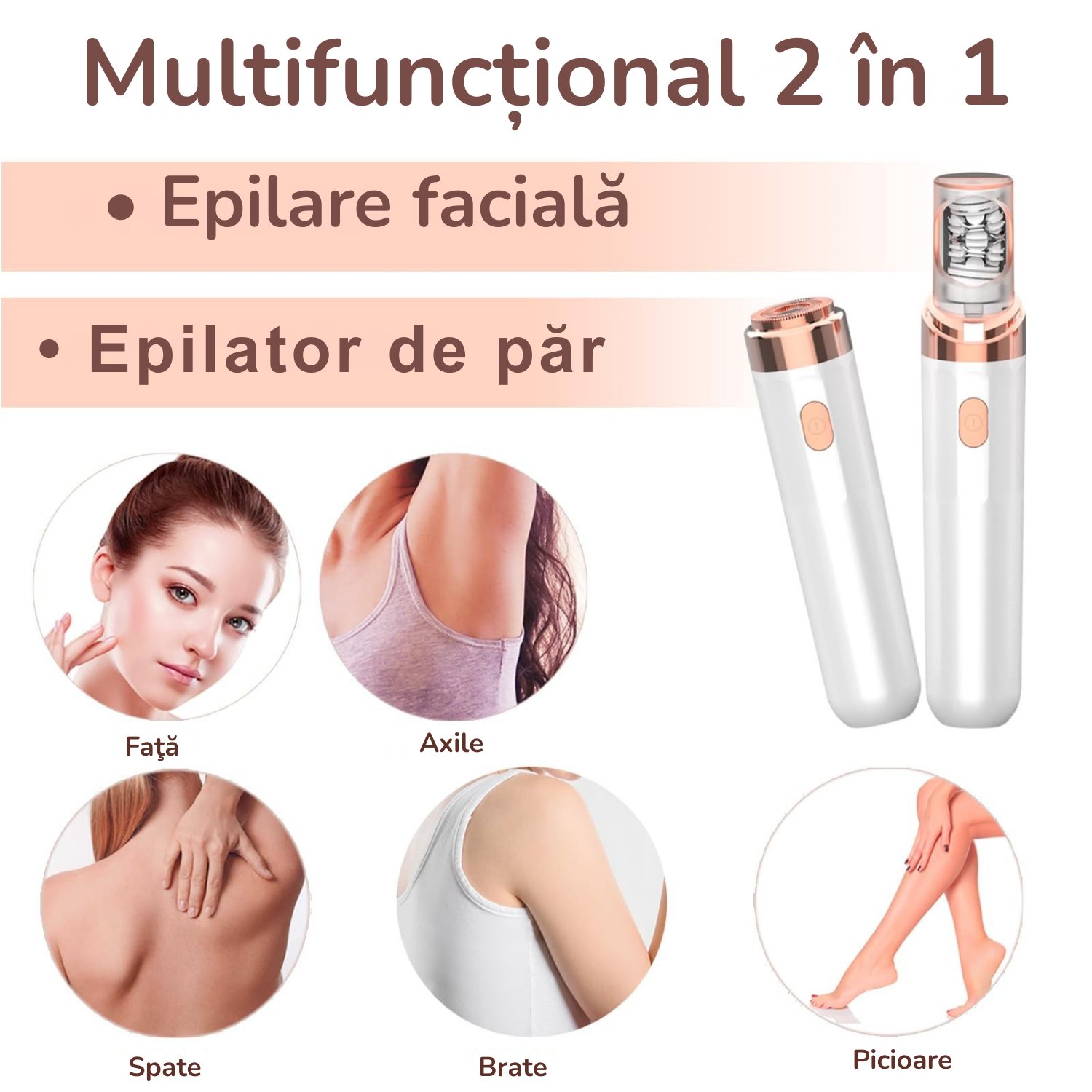 Miniepilator si Shaver TrustTech 2 in 1, mini epilator facial si corporal, pentru puf facial, zona bikinilor, brate, picioare si retusuri rapide 2 capete, IPX7 waterproof, reincarcabil USB Type-C, 350mAh, 60 min autonomie, Alb