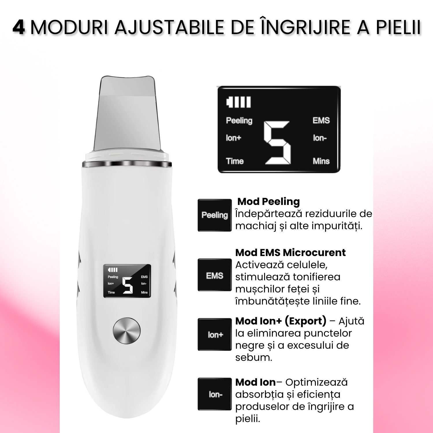 Scrubber Curatat piele Ultrasonic 4-in-1 TrustTech cu ionizare si EMS– Spatula Profesionala pentru Curatare Faciala