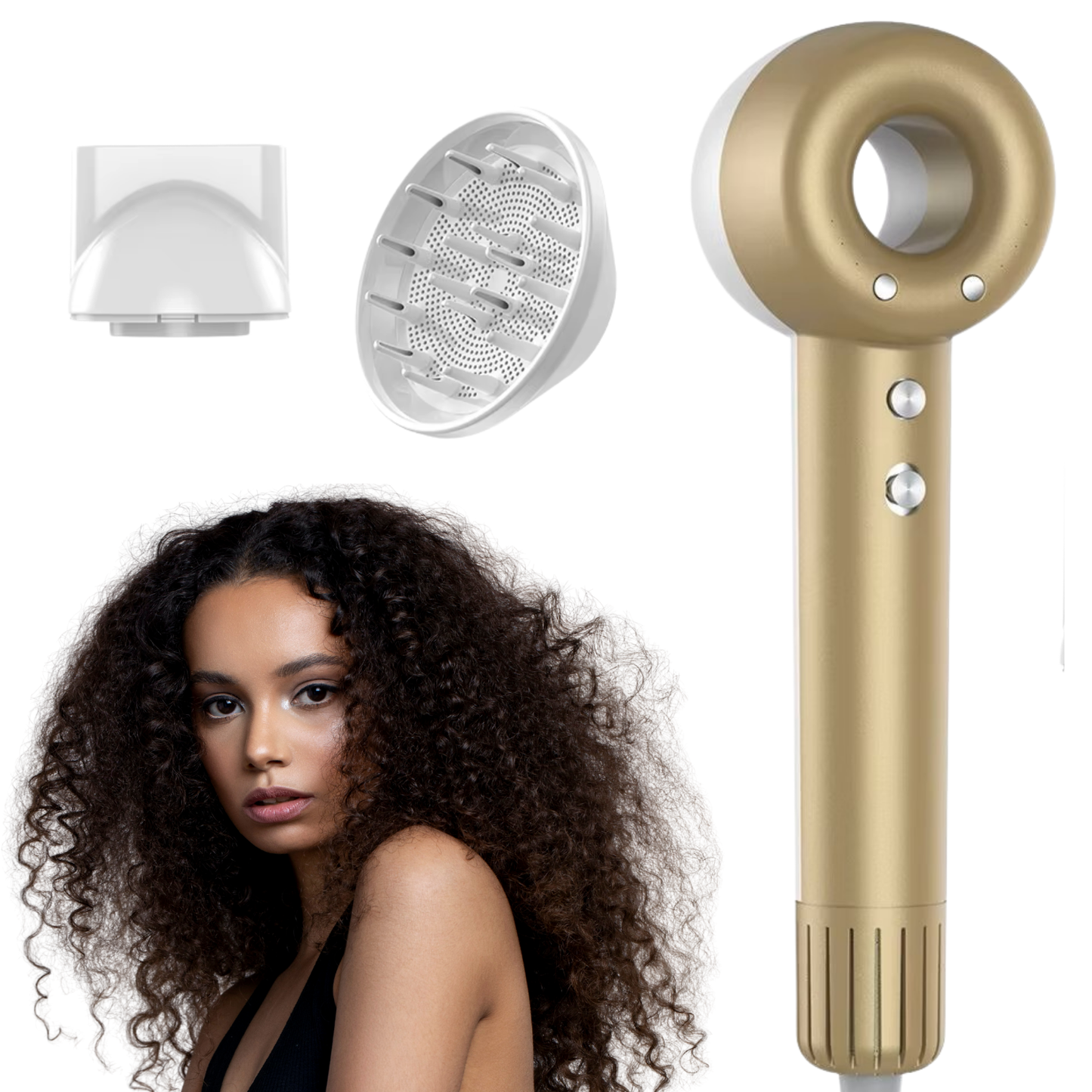 Uscator de par profesional TrustTech Leafless cu tehnologie ionica, 1400W, motor 110.000 rpm, difuzor si concentrator, pentru par cret si ondulat