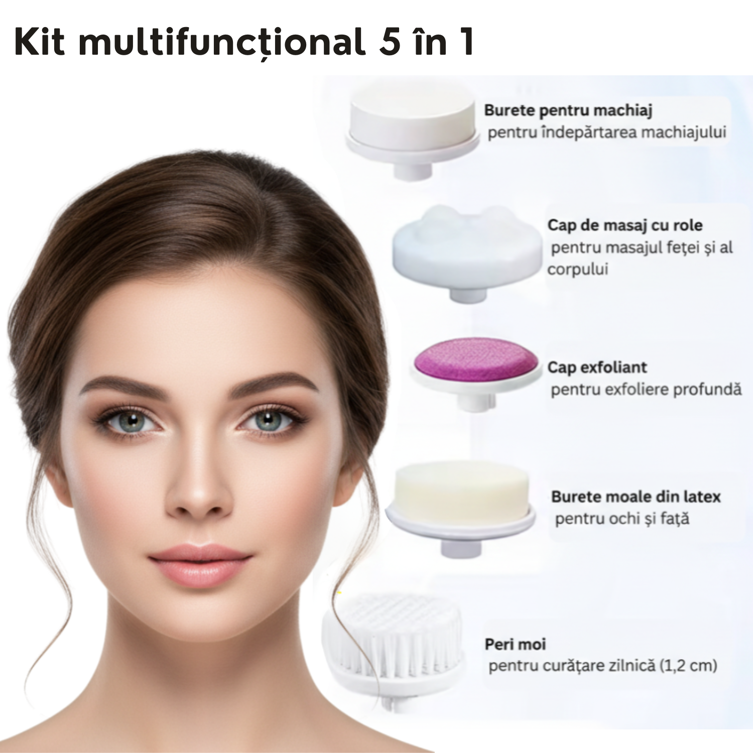 Perie electrica faciala 5-in-1 TrustTech cu 5 capete interschimbabile, pentru curatare profunda, demachiere si masaj