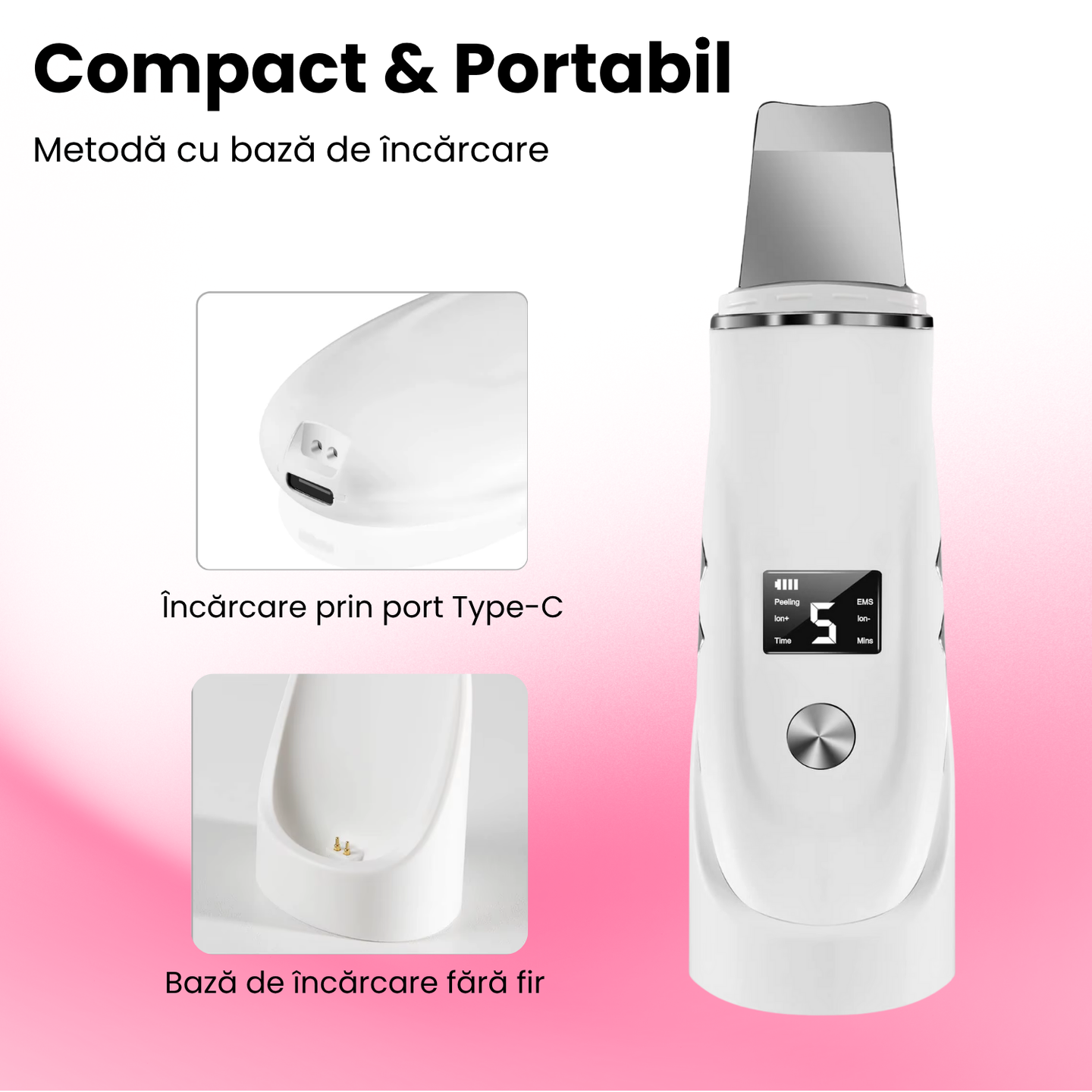 Scrubber Curatat piele Ultrasonic 4-in-1 TrustTech cu ionizare si EMS– Spatula Profesionala pentru Curatare Faciala