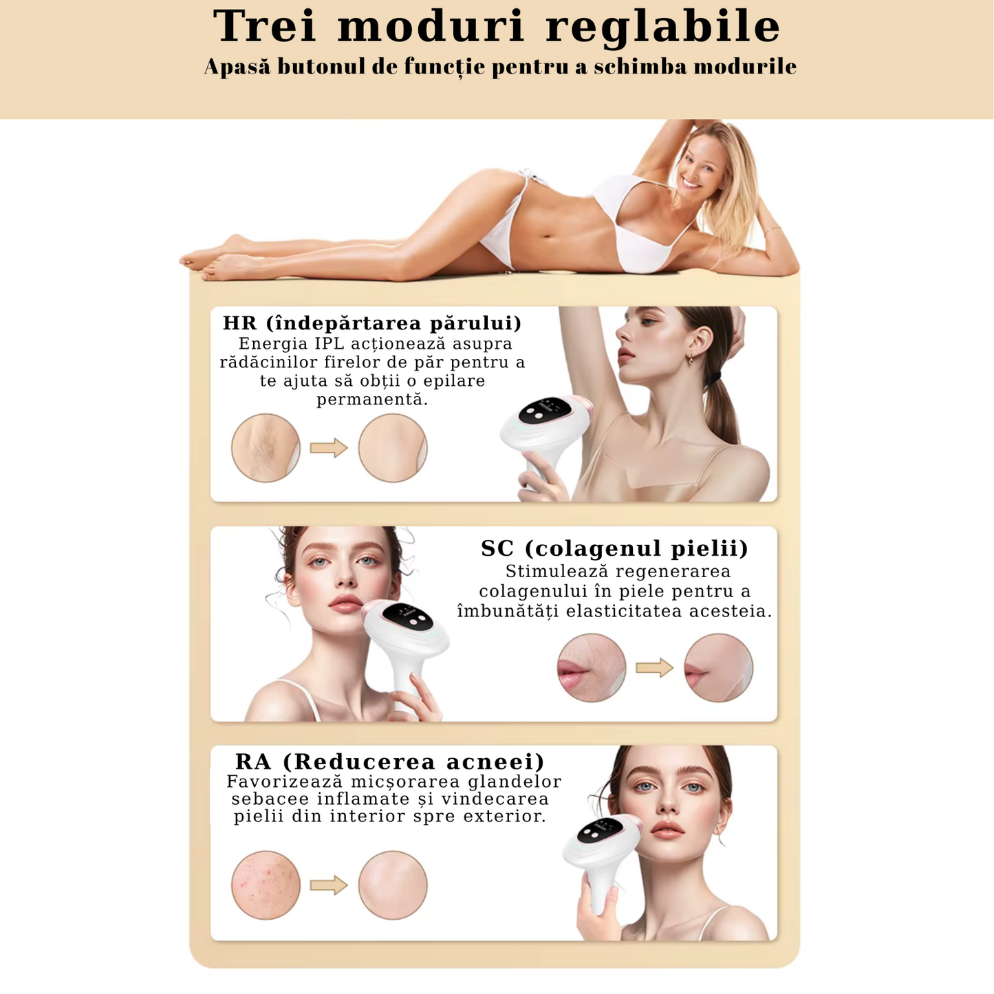 Epilator IPL TrustTech 3 Moduri Epilare Definitiva -Rejuvenare-Reducere Acnee, Racire cu gheata