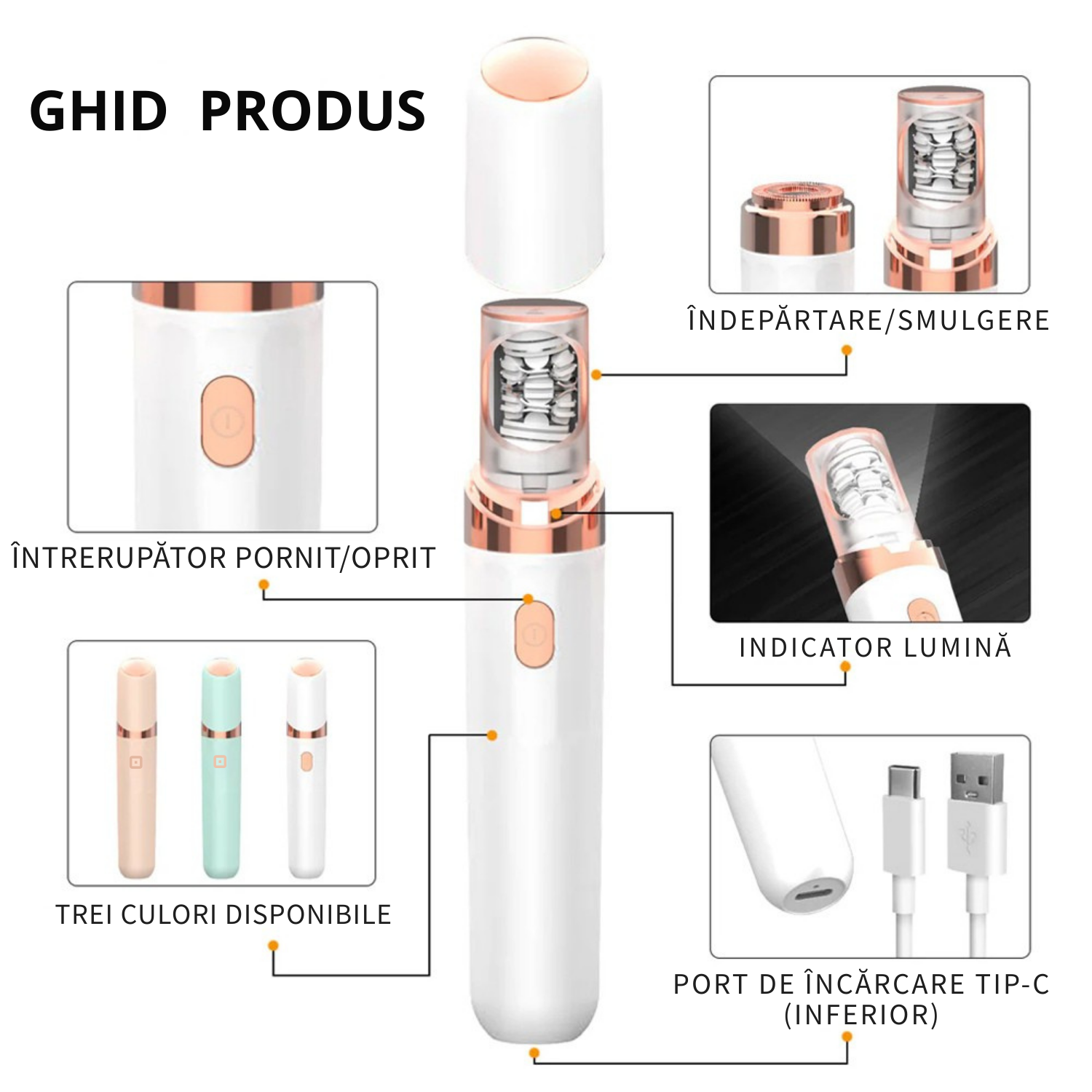Miniepilator si Shaver TrustTech 2 in 1, mini epilator facial si corporal, pentru puf facial, zona bikinilor, brate, picioare si retusuri rapide 2 capete, IPX7 waterproof, reincarcabil USB Type-C, 350mAh, 60 min autonomie, Alb