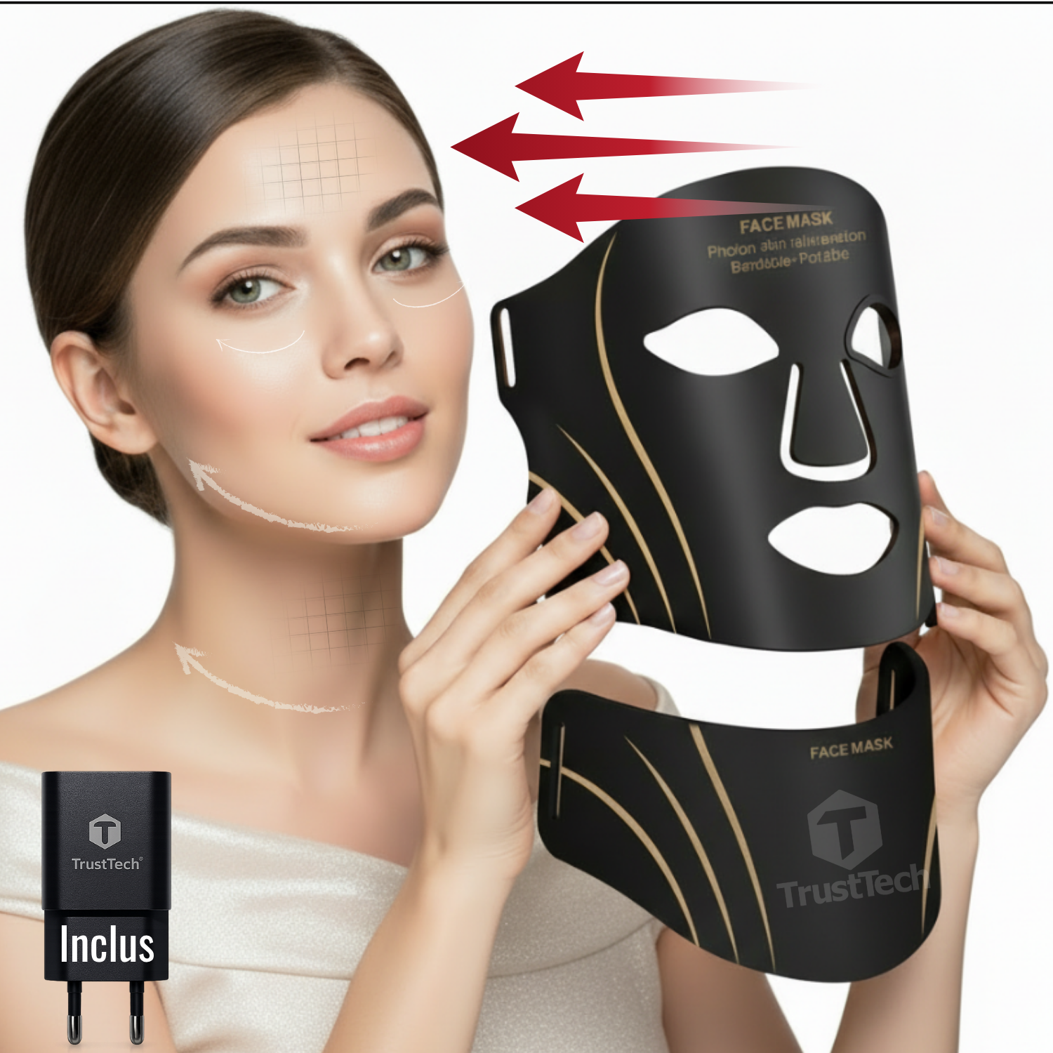 Masca faciala LED fotonica 7 culori pentru fata si gat incarcator TrustTech Inclus