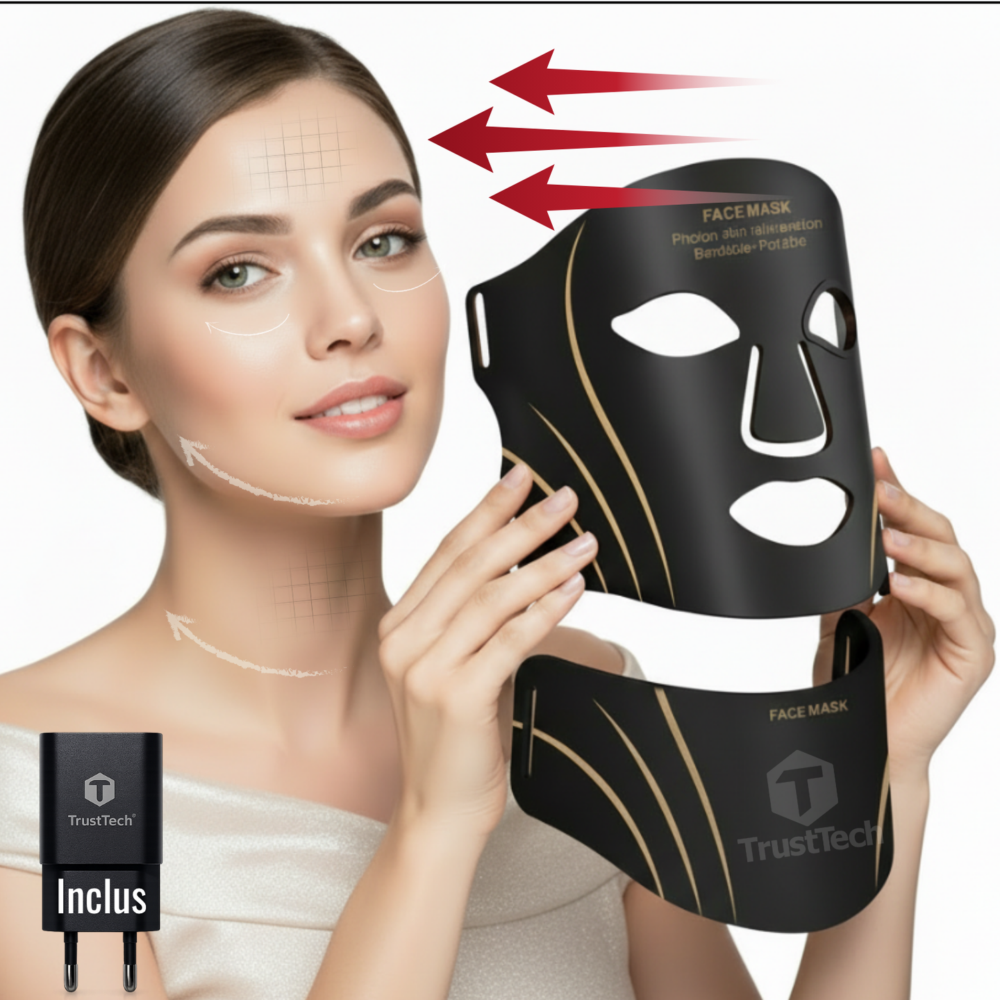 Masca faciala LED fotonica 7 culori pentru fata si gat incarcator TrustTech Inclus