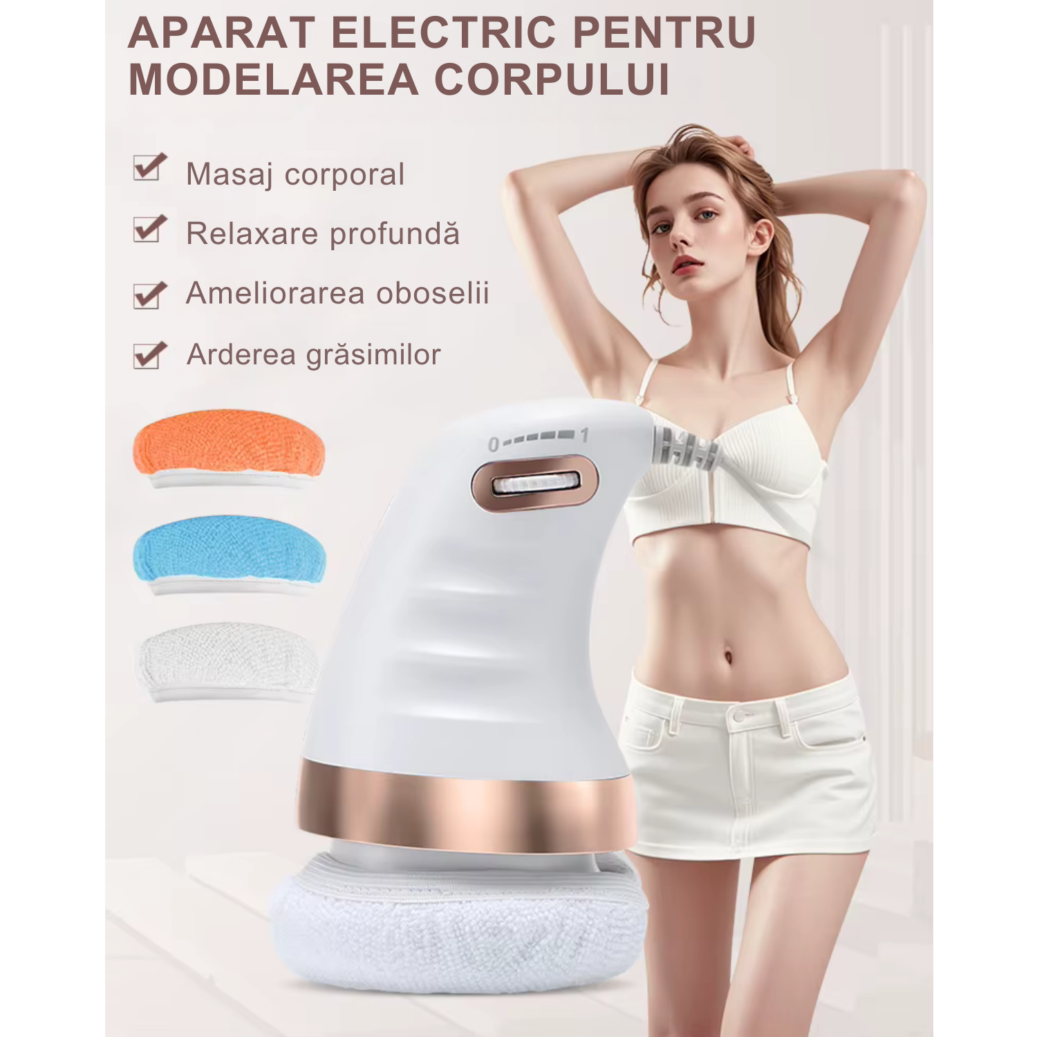 Aparat de masaj corporal electric TrustTech, 3 capete interschimbabile, intensitate reglabilă, 10x16cm
