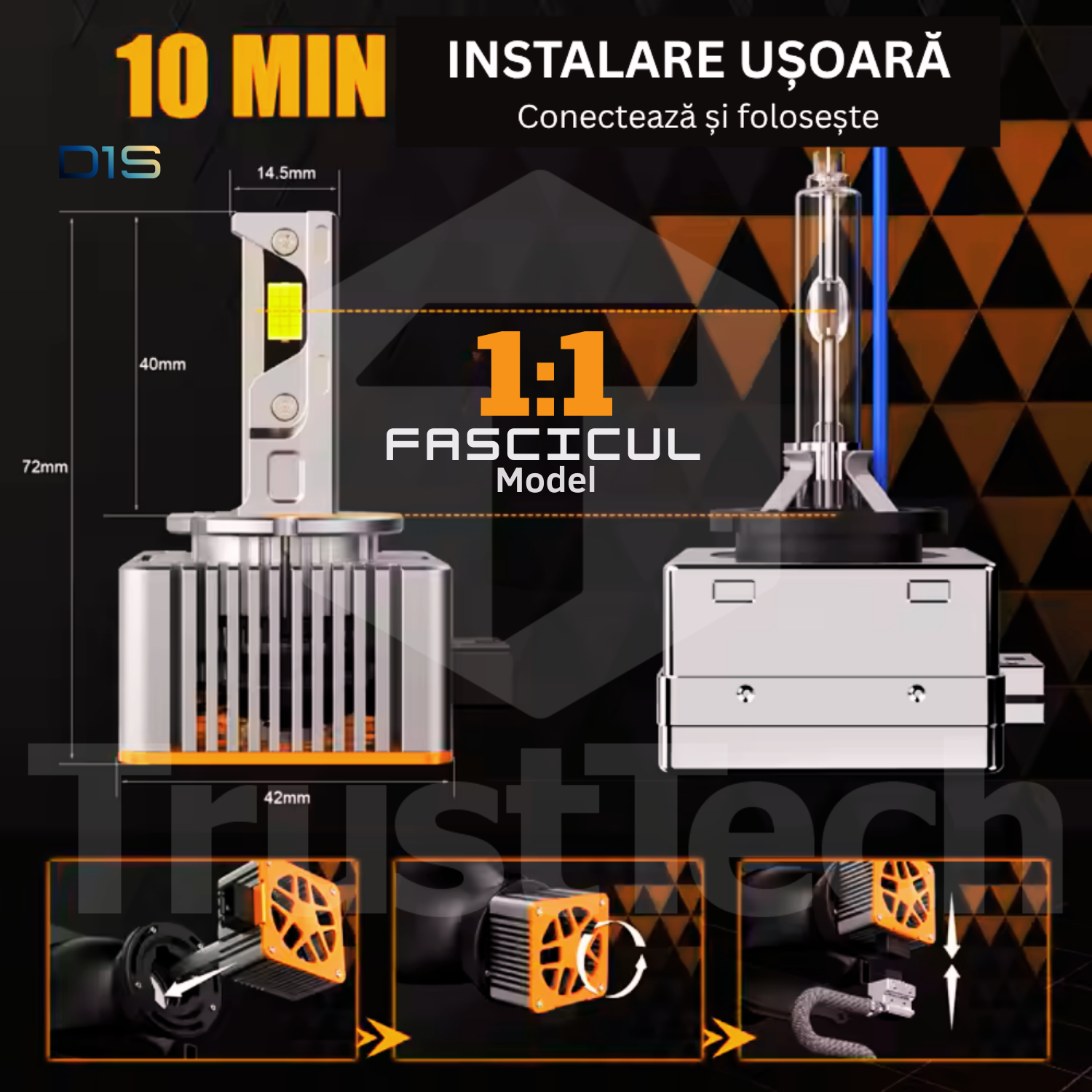 Bec LED Far Auto TrustTech D1S, 110W, 20000 lm, SET 2buc. 6500K, Canbus, 12-32V, Racire Avansata cu ventilator Silentios