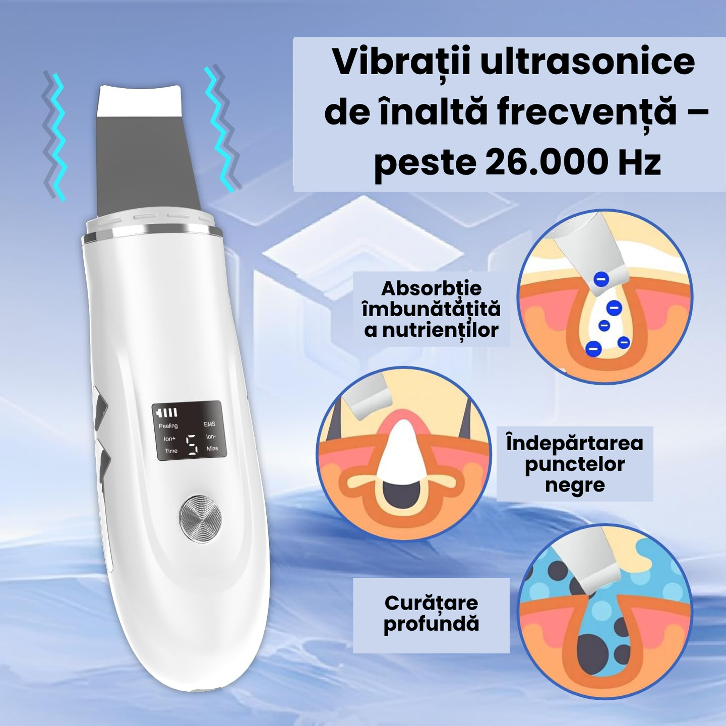 Scrubber Curatat piele Ultrasonic 4-in-1 TrustTech cu ionizare si EMS– Spatula Profesionala pentru Curatare Faciala