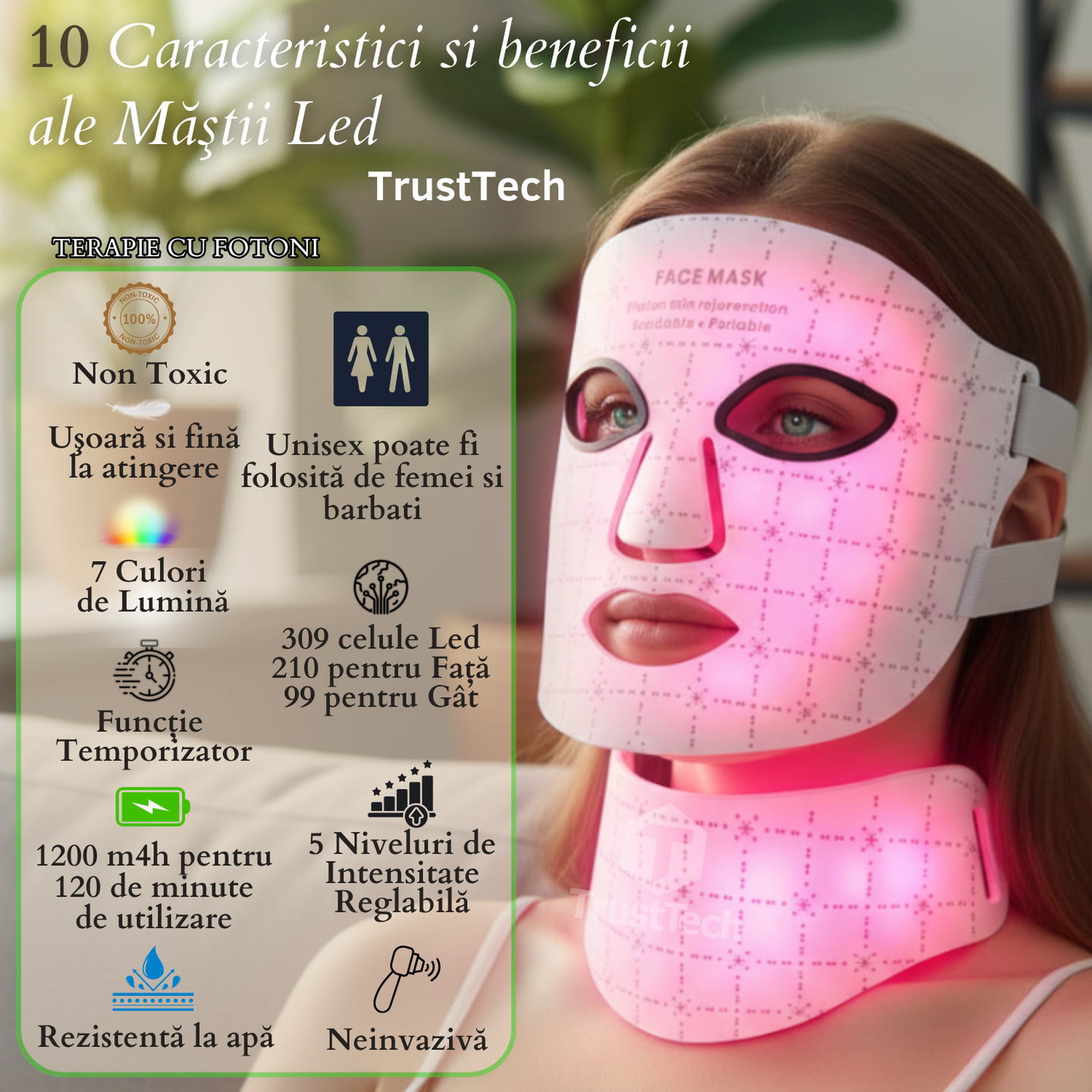 Masca faciala LED fotonica 7 culori pentru fata si gat incarcator TrustTech Inclus