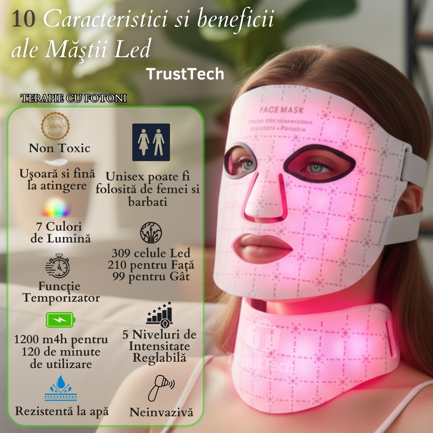 Masca faciala LED fotonica 7 culori pentru fata si gat incarcator TrustTech Inclus