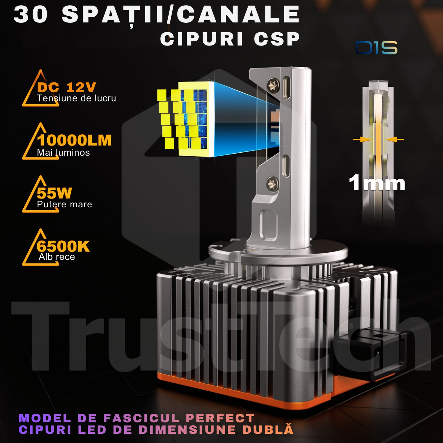 Bec LED Far Auto TrustTech D1S, 110W, 20000 lm, SET 2buc. 6500K, Canbus, 12-32V, Racire Avansata cu ventilator Silentios