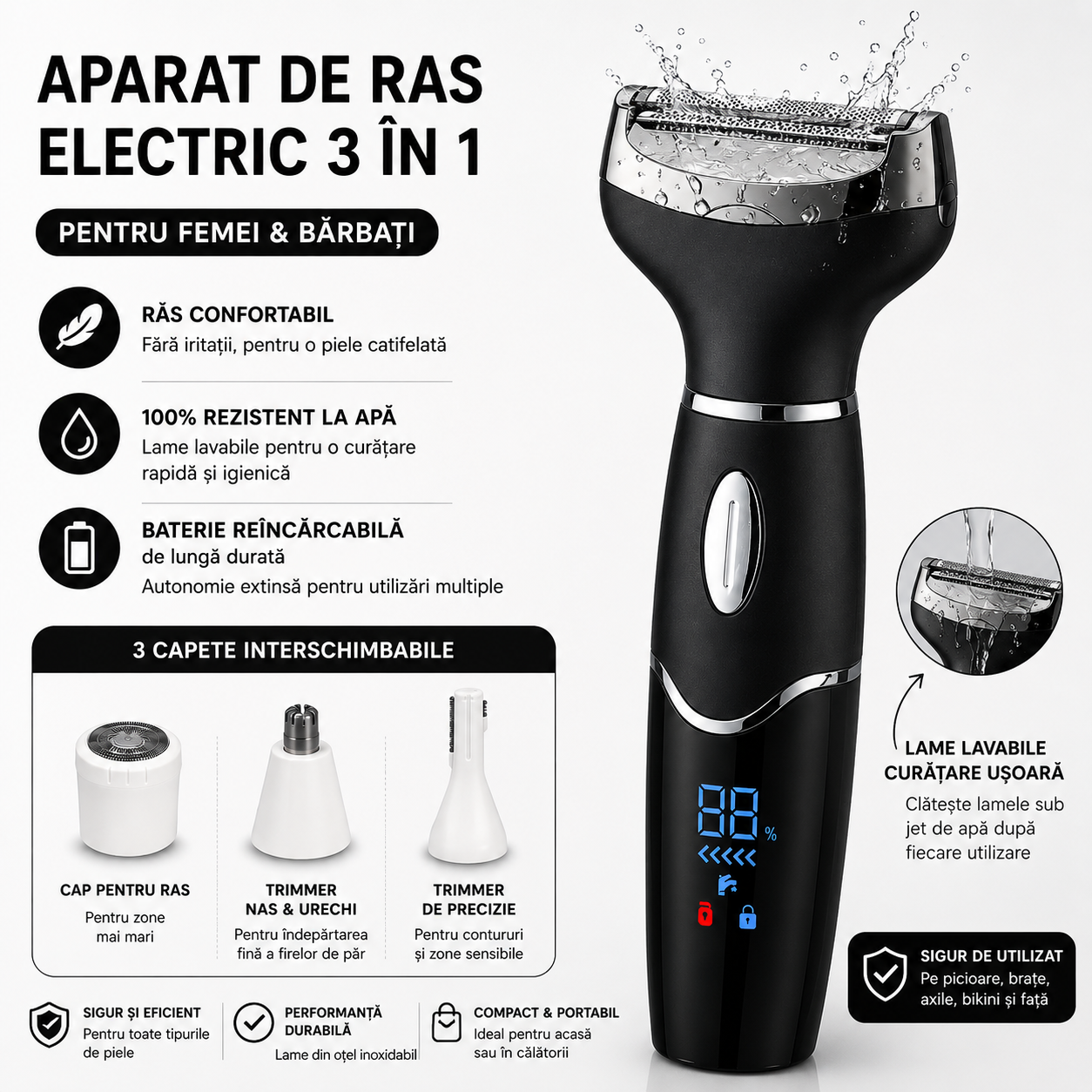 Aparat de Ras Electric TrustTech Femei, Epilator Corporal Umed / Uscat