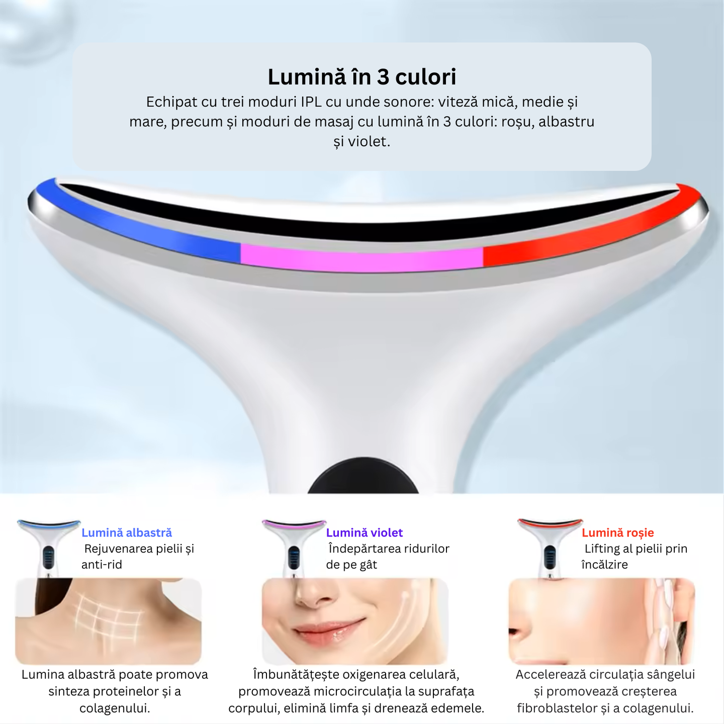 Aparat masaj gat si fata anti-aging HY38 de la TrustTech, lifting & tonifiere, 4 moduri, 3 trepte intensitate, incalzire 40–45°C, lumina LED rosu/albastru/mov, baterie 500mAh, incarcare USB, ABS incarcator inclus