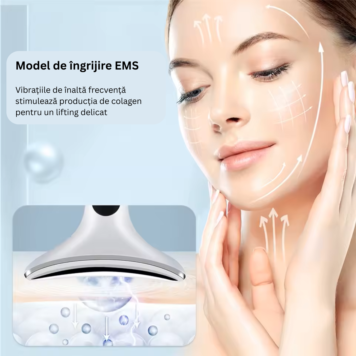 Aparat masaj gat si fata anti-aging HY38 de la TrustTech, lifting & tonifiere, 4 moduri, 3 trepte intensitate, incalzire 40–45°C, lumina LED rosu/albastru/mov, baterie 500mAh, incarcare USB, ABS incarcator inclus
