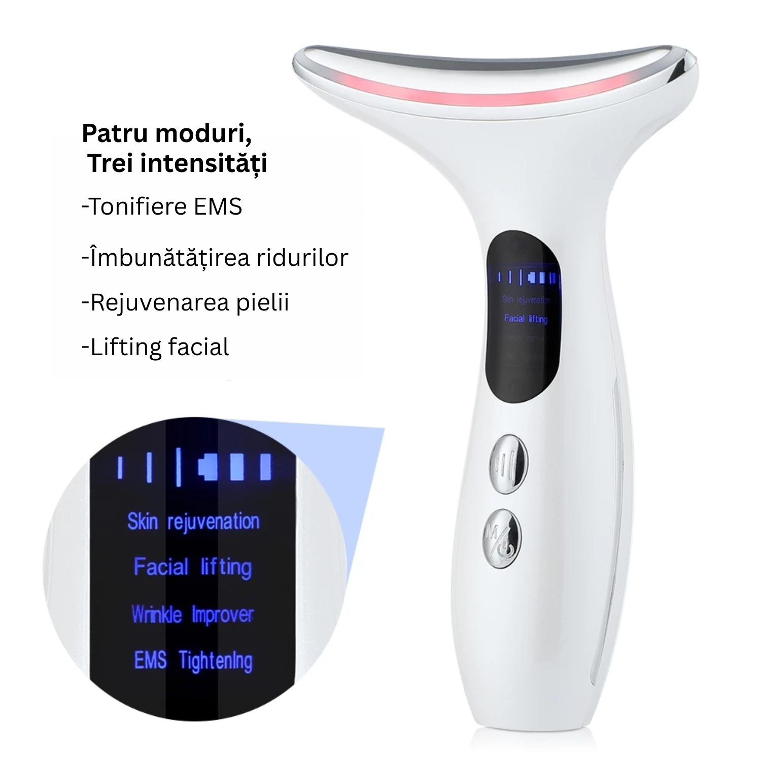 Aparat masaj gat si fata anti-aging HY38 de la TrustTech, lifting & tonifiere, 4 moduri, 3 trepte intensitate, incalzire 40–45°C, lumina LED rosu/albastru/mov, baterie 500mAh, incarcare USB, ABS incarcator inclus