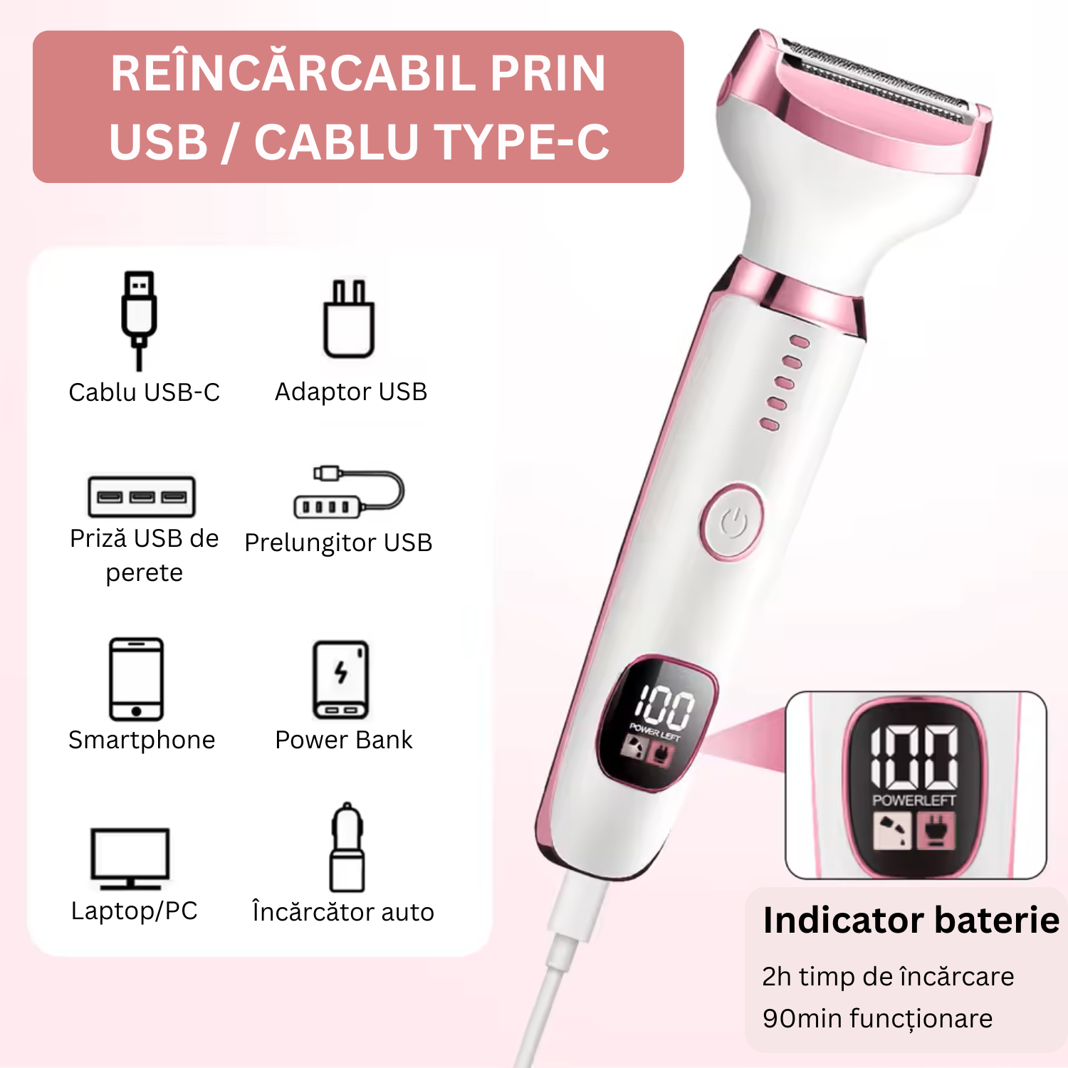 Aparat de ras electric femei TrustTech 5 in 1, IPX7, reincarcabil USB Type-C, Wet & Dry
