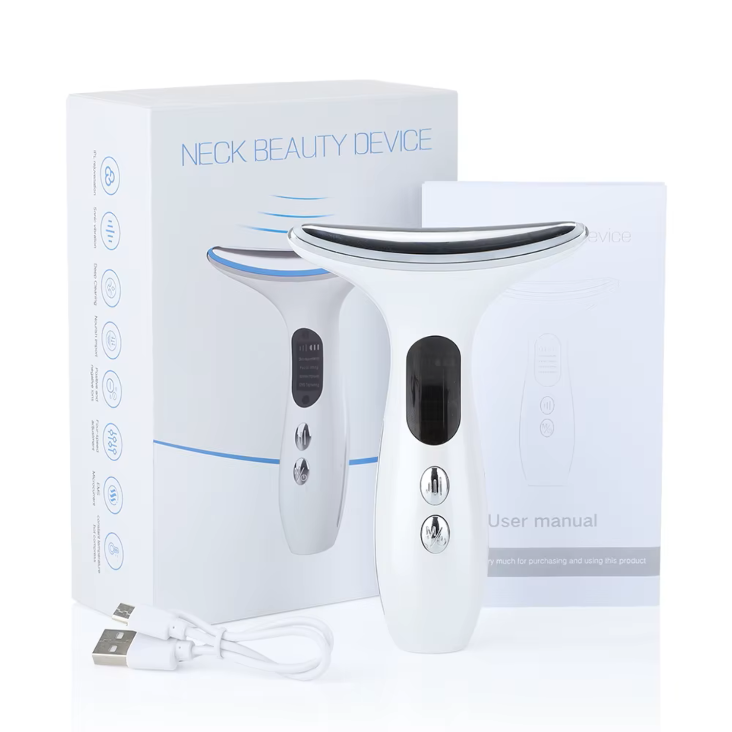 Aparat masaj gat si fata anti-aging HY38 de la TrustTech, lifting & tonifiere, 4 moduri, 3 trepte intensitate, incalzire 40–45°C, lumina LED rosu/albastru/mov, baterie 500mAh, incarcare USB, ABS incarcator inclus