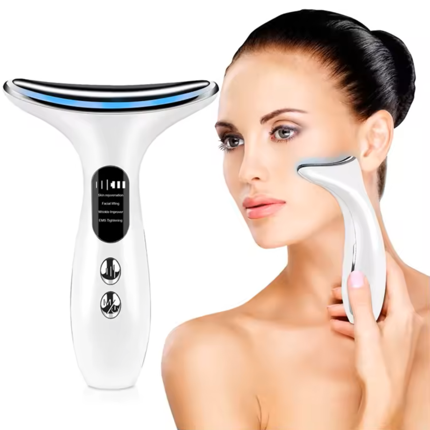 Aparat masaj gat si fata anti-aging HY38 de la TrustTech, lifting & tonifiere, 4 moduri, 3 trepte intensitate, incalzire 40–45°C, lumina LED rosu/albastru/mov, baterie 500mAh, incarcare USB, ABS incarcator inclus