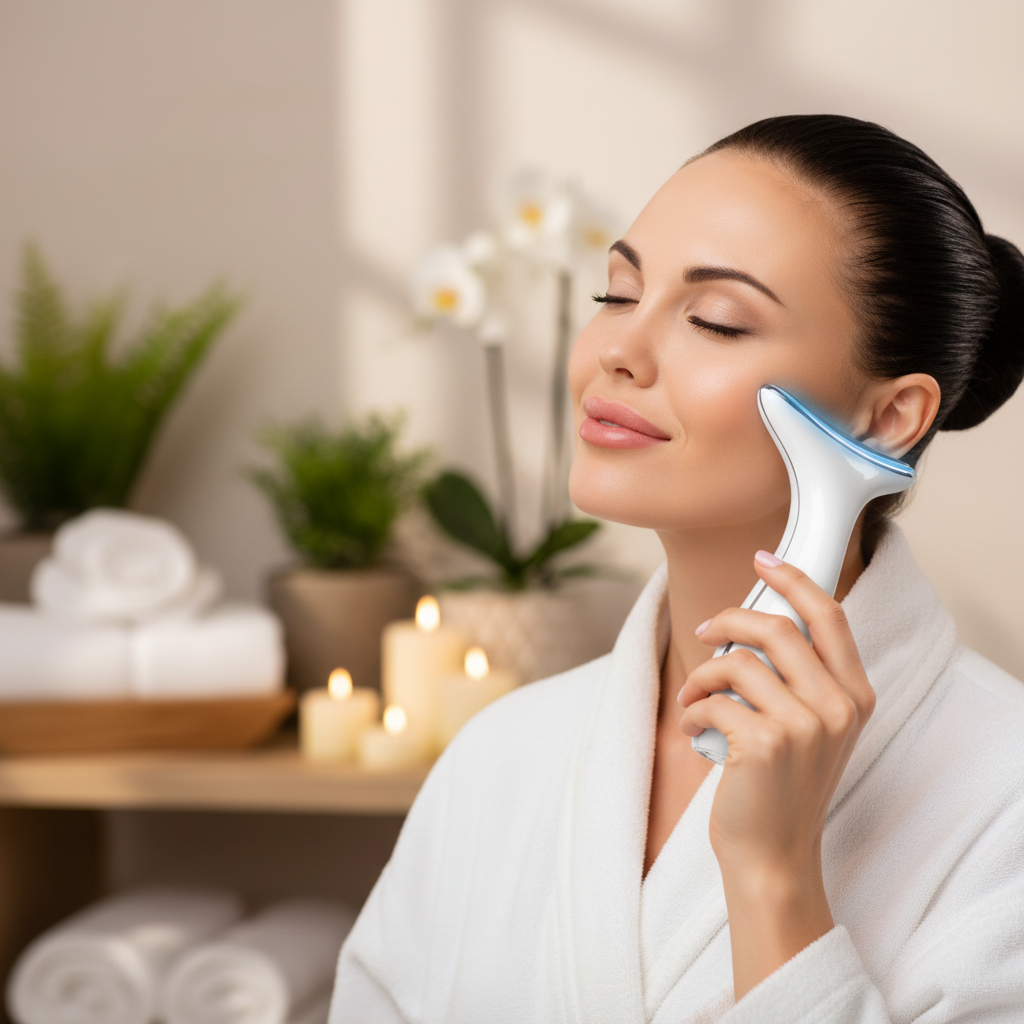 Aparat masaj gat si fata anti-aging HY38 de la TrustTech, lifting & tonifiere, 4 moduri, 3 trepte intensitate, incalzire 40–45°C, lumina LED rosu/albastru/mov, baterie 500mAh, incarcare USB, ABS incarcator inclus