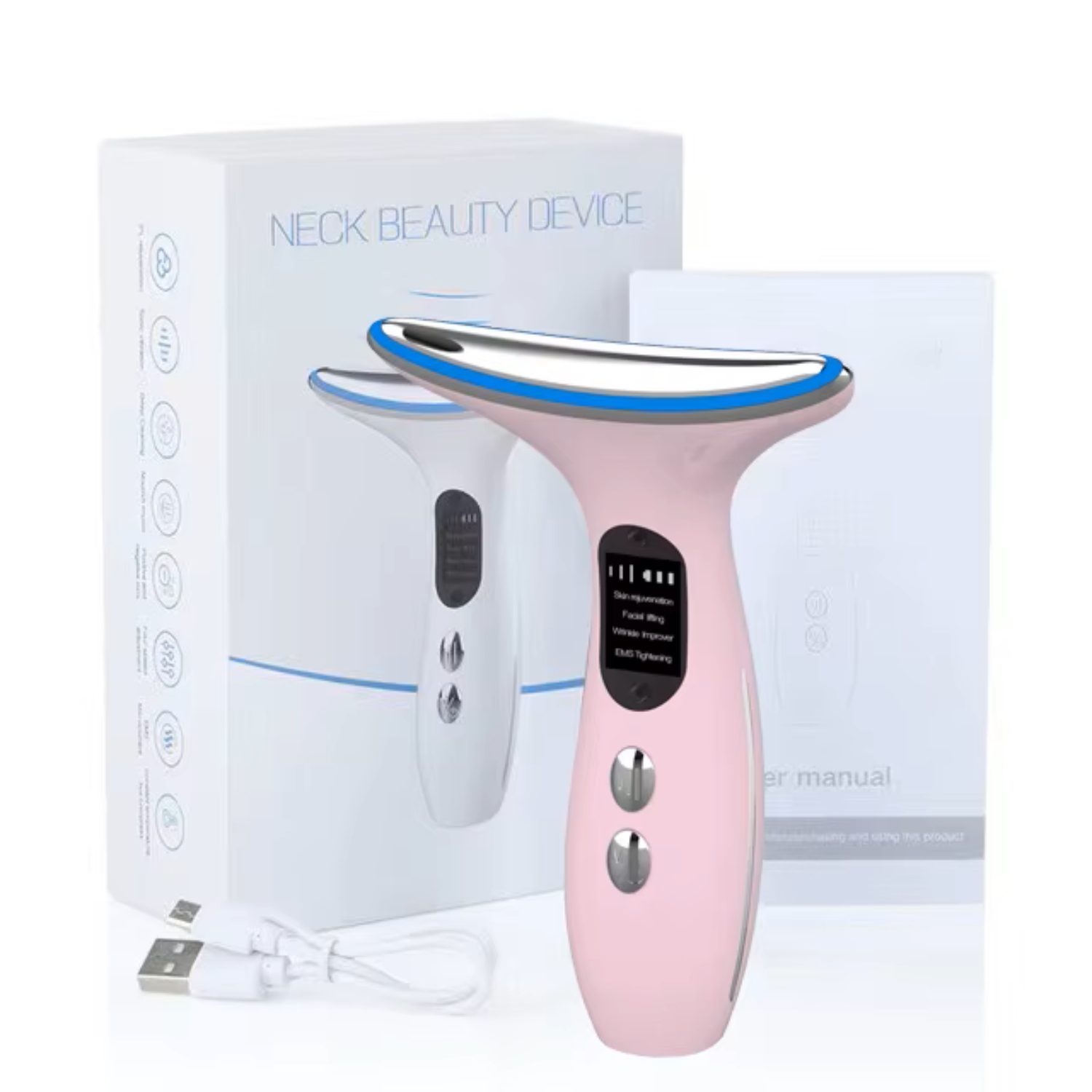 Aparat masaj gat si fata anti-aging HY38 de la TrustTech, lifting & tonifiere, 4 moduri, 3 trepte intensitate, incalzire 40–45°C, lumina LED rosu/albastru/mov, baterie 500mAh, incarcare USB, ABS incarcator inclus