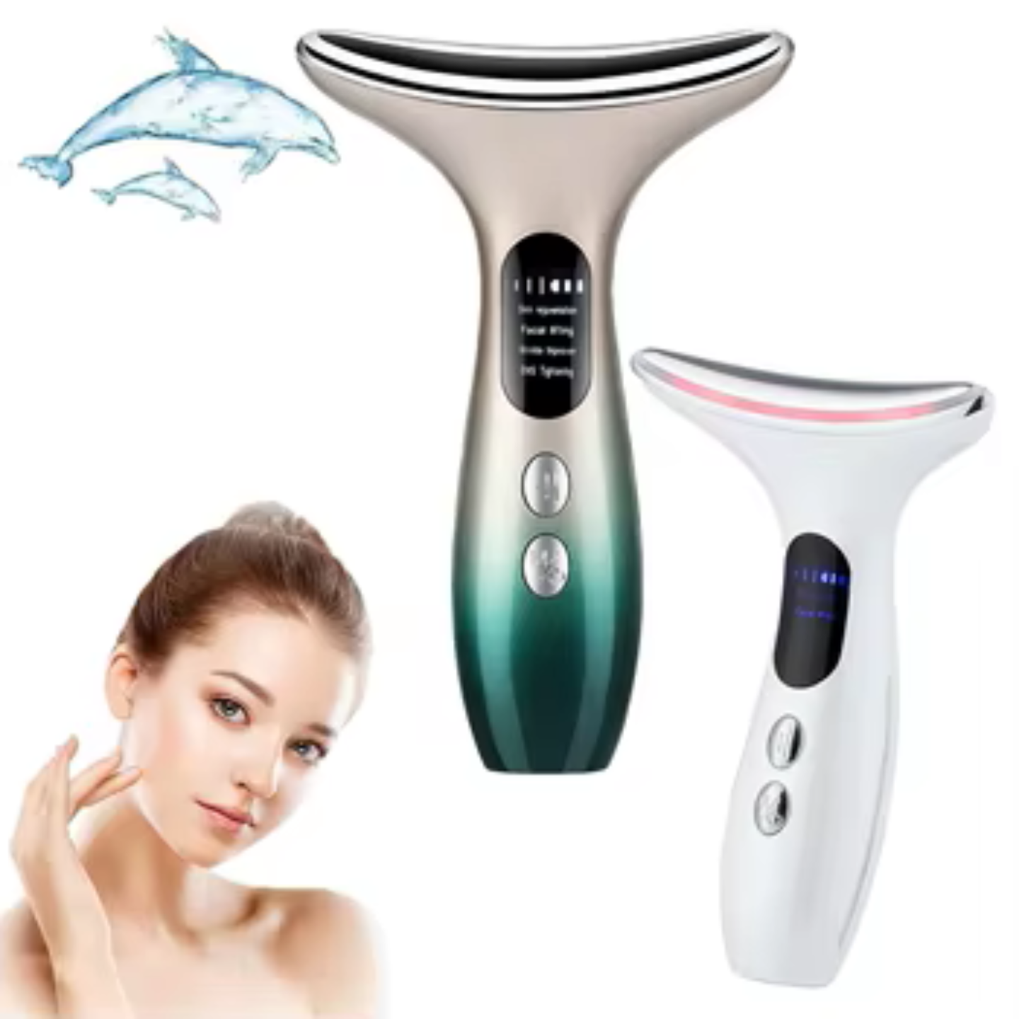 Aparat masaj gat si fata anti-aging HY38 de la TrustTech, lifting & tonifiere, 4 moduri, 3 trepte intensitate, incalzire 40–45°C, lumina LED rosu/albastru/mov, baterie 500mAh, incarcare USB, ABS incarcator inclus