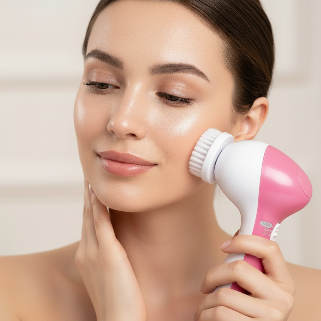 Perie electrica faciala 5-in-1 TrustTech cu 5 capete interschimbabile, pentru curatare profunda, demachiere si masaj