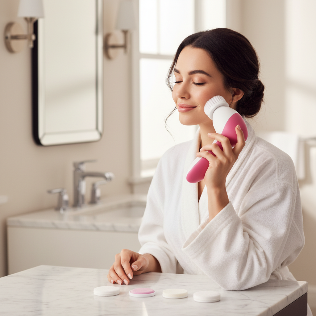 Perie electrica faciala 5-in-1 TrustTech cu 5 capete interschimbabile, pentru curatare profunda, demachiere si masaj