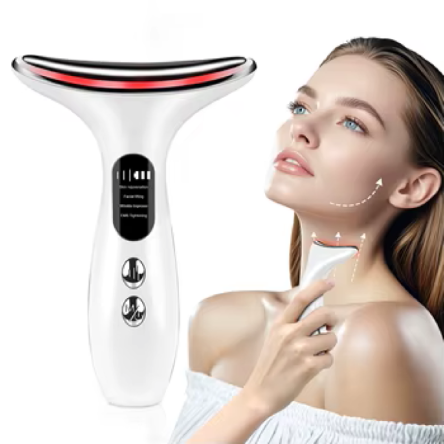 Aparat masaj gat si fata anti-aging HY38 de la TrustTech, lifting & tonifiere, 4 moduri, 3 trepte intensitate, incalzire 40–45°C, lumina LED rosu/albastru/mov, baterie 500mAh, incarcare USB, ABS incarcator inclus